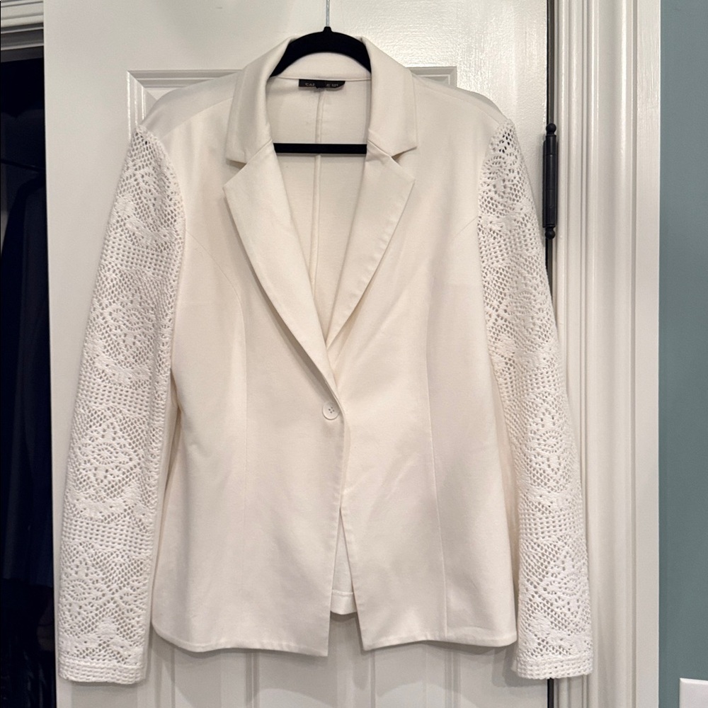 Capsule 121 cream blazer with crocheted sleeves. Size Large